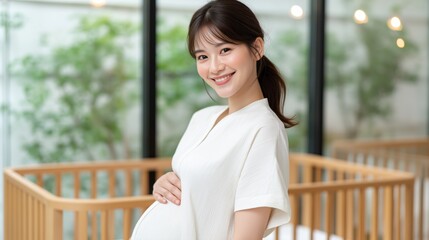 Smiling expecting mother showing her belly in a cozy nursery during daylight hours