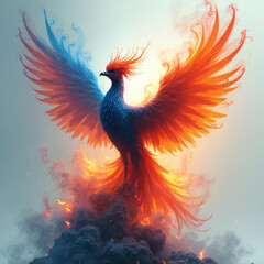 Obraz premium Mythical bird phoenix rises from ashes. Fiery wings, blue body. Smoke, flames around. Symbolizes rebirth, new beginnings. Powerful, creative, abstract art.