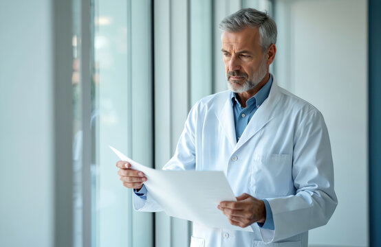 Mature male doctor reviews medical documentation in a modern clinic setting. Thoughtful professional in white coat assesses papers near window. Healthcare expert examines data focusing on work.