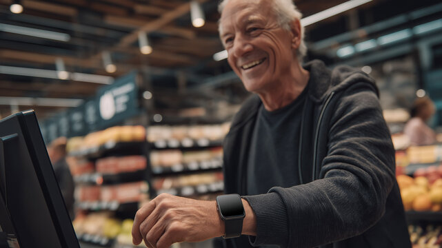 Smiling senior man uses smartwatch for contactless payment at a modern grocery store checkout. Casual scene highlights convenience of wearable tech in everyday shopping and digital lifestyle.