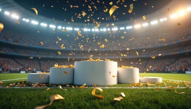 Empty winner podium on green stadium grass with golden confetti falling. Spotlights shine on empty tiers inside massive arena during sports competition. Celebration concept. - Powered by Adobe
