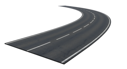 Curving Roadway Perspective View Asphalt Surface, Lane Markings, Path, Transportation, Isolated