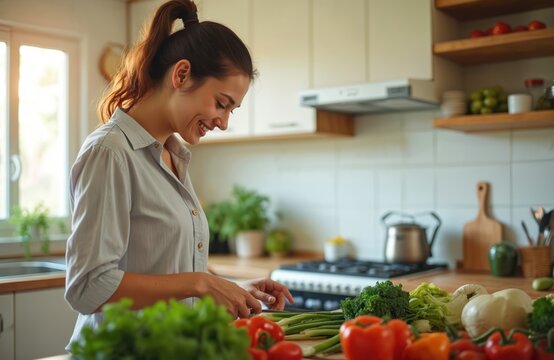 Smiling woman cuts veggies at kitchen table. Girl prepares salad using organic ingredients. Female cooking meal, healthy eating lifestyle. Fresh colorful veggies and kitchenware on counter.