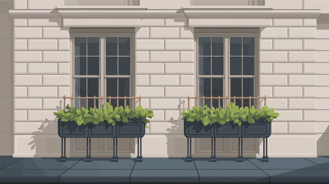 Two windows with flower boxes on a brick building facade in a cartoon style illustration view outside