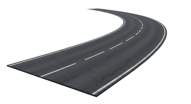 Curving Roadway Perspective View Asphalt Surface, Lane Markings, Path, Transportation, Isolated