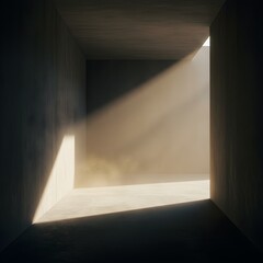 Geometric Concrete Space Bathed in Golden Light and Dust Haze