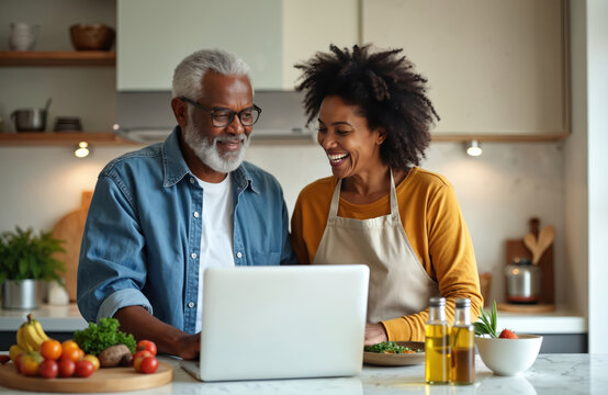 Elderly African American couple prepares healthy food together in kitchen. They smile looking at laptop screen, enjoying meal prep. Happy seniors bond, cook and learn new recipes online. - Powered by Adobe
