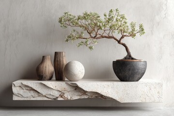 Still life features a bonsai tree, vases, and sphere on a stone shelf in a serene indoor space