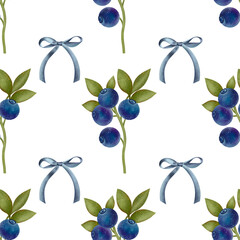 Hand-drawn print. Botanical seamless print with blueberries and blue bows on a white background