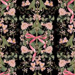 Hand-drawn print. Botanical seamless print with pink flowers, green leaves and pink bows