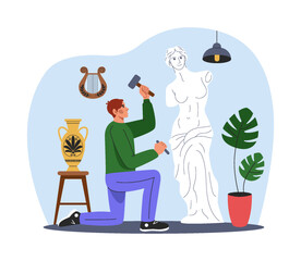 Man making sculpture in studio. Artist male character, making figure of stone or marble. Hobby and creative occupation. Creative profession. Gallery artworks. Vector cartoon flat isolated illustration