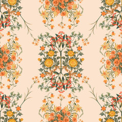 Hand-drawn print. Botanical print with yellow and orange flowers and green leaves