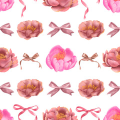 Hand-drawn print. Botanical seamless print with pink peonies and pink bows on a white background