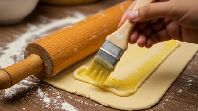 Close up of hand brushing dough with butter for baking pastry in kitchen.