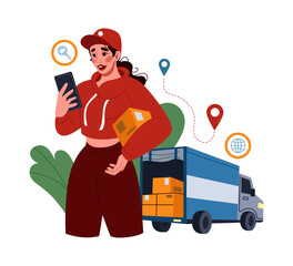 Supply export. Cargo delivery. Freight transportation. Auto truck. Boxes in car van. Logistic support service. Global distribution pin. Woman in uniform. Mobile app for parcel control. Vector concept