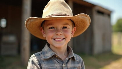 Smiling boy in cowboy hat stands on a farm. Portrait of child wearing denim shirt outdoors. Happy kid in front of wooden building. American rural scene and lifestyle.