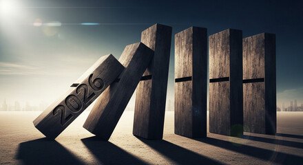 A conceptual image depicting the year 2026 as a falling domino, symbolizing potential consequences.