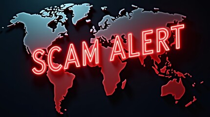 A bold 'Scam Alert' neon sign highlights a world map, emphasizing global cyber threats in a dark, modern design.