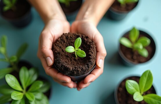 Hands hold small plant seedling in pot. Growing green saplings in pots on table. New life begins with careful nurturing for a sustainable future.