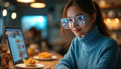 Young woman uses smart glasses and laptop for AI driven food styling. She prepares a healthy meal with futuristic tech. Future of cooking and social media content creation.