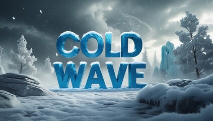 A striking icy scene featuring the words 'COLD WAVE' in bold 3D letters, set against a dramatic winter landscape.