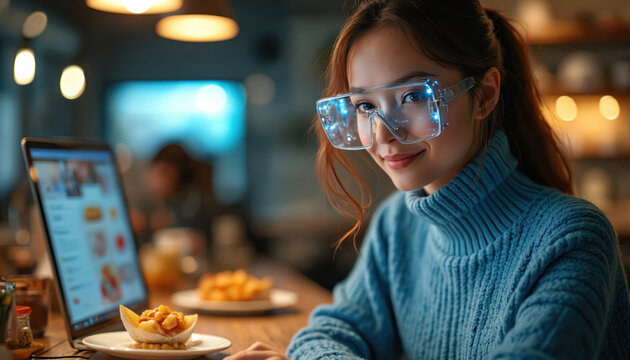 Young woman uses smart glasses and laptop for AI driven food styling. She prepares a healthy meal with futuristic tech. Future of cooking and social media content creation.
