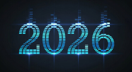 Futuristic 2026 year design with digital equalizer bars and blue light effects on a dark background.