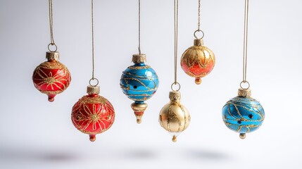 Row of hanging Christmas ornaments, red and blue with gold glittery balls that have stripes and dots, isolated on white background with no shadows, presented in flat lay style for festive designs.