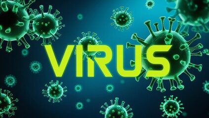 Abstract illustration depicting viruses with the text 'VIRUS' prominently displayed, creating a striking visual.