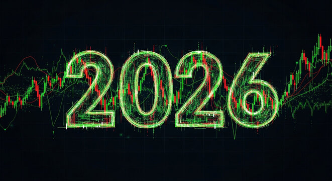The year 2026 is depicted with a vibrant green digital display against a backdrop of fluctuating stock market charts.