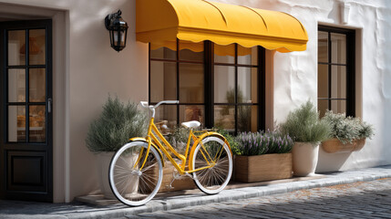 Yellow bicycle cobblestone street cozy cafe exterior yellow awning potted plant window door daytime inviting atmosphere