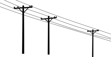 Silhouette of utility poles and power lines perspective in minimalist black and white vector illustration for electricity, energy, infrastructure, design