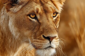 Lioness face close up shows golden eyes, fur detail, and whiskers in artistic lighting capturing a regal and imposing presence