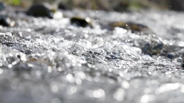 Cascades on mountain stream during sunny day, water glistens in direct sunlight, fast flow makes water spray