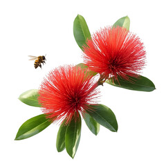 A honeybee approaching vibrant crimson pohutukawa blossoms in full bloom ready to pollinate on transparent background