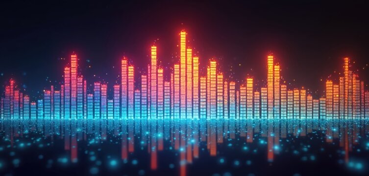 Colorful sound equalizer on dark background. Music waveform with rainbow bars. Audio spectrum with glowing lines. Soundtrack visualization. Digital music effect. - Powered by Adobe