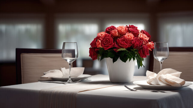 Elegant dinner table with red rose bouquet, white tablecloth, wine glasses, napkins, romantic restaurant ambiance