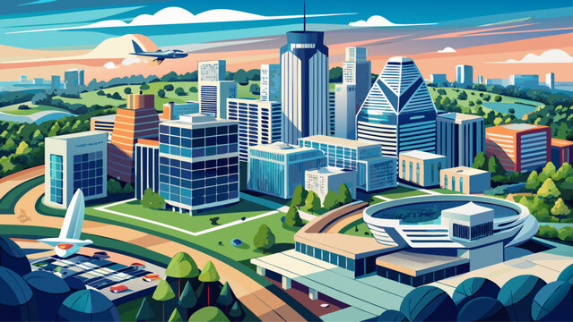 
Very beautiful aerial drone view showing modern buildings and skyline of Tysons Corner, Fairfax County, Virginia, with clear sky and elegant contemporary architecture blending with nature