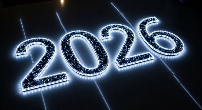 Glowing 2026 year digits on a dark surface, symbolizing the future year.