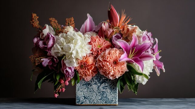 Stunning floral arrangement with lilies, dahlias, and hydrangeas perfect for elegant home decor or special occasion designs
