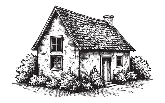 small, cozy rustic country house or cottage surrounded by bushes