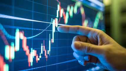 Monitoring stock market data, finger interacting with modern financial trading interface display