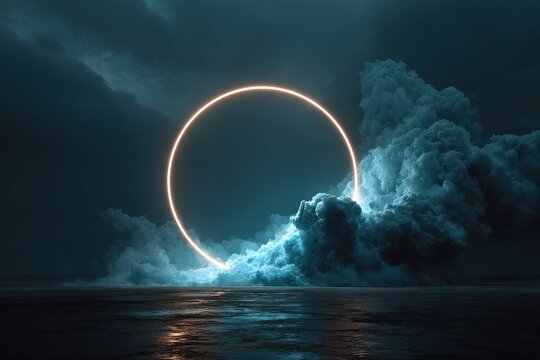 Glowing circle hovers over clouds at night, with a sea below; a surreal and dreamlike vista is portrayed