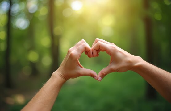 Hands form heart shape against blurred green forest background, sunlight filters through trees. Symbol of love, care, nature appreciation, and positive connection. - Powered by Adobe