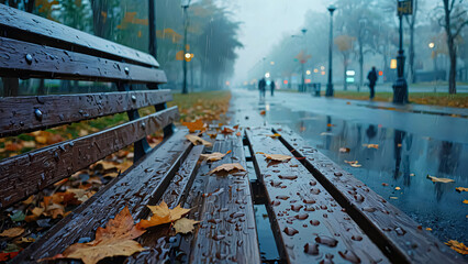 Obraz premium Wet autumn leaves scattered on a rain-soaked wooden bench in a misty park create a tranquil, reflective mood. The peaceful walkway, dipped in fog, stretches into the distance beneath soft city lights.