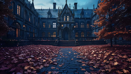 An impressive old mansion stands in the twilight, its grand stone facade illuminated by glowing windows. Autumn leaves cover the path leading to the entrance, creating a mysterious and picturesque eve