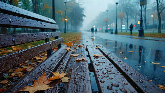 Wet autumn leaves scattered on a rain-soaked wooden bench in a misty park create a tranquil, reflective mood. The peaceful walkway, dipped in fog, stretches into the distance beneath soft city lights. - Powered by Adobe