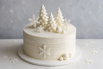 A stunning white winter cake is elegantly decorated with delicate snowflakes and fir trees made of icing. The minimalist design creates a festive, magical atmosphere, perfect for holiday celebrations 