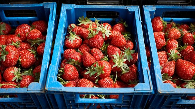Freshly picked strawberries in vibrant blue crates ready for market tempting taste buds with sweet summer goodness