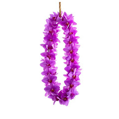 A vibrant orchid lei symbol of welcome and Aloha spirit cascading down on a simple rope on transparent background